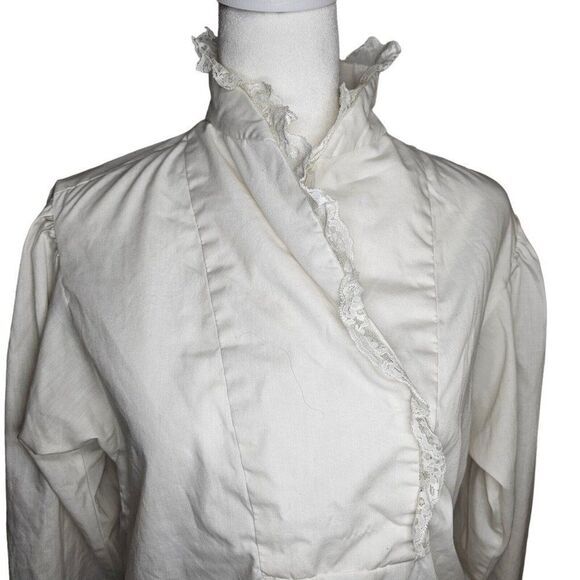 Vintage 80s Button Up Blouse Womens S White Ruffle Front Romantic Modest Lace - Picture 1 of 7
